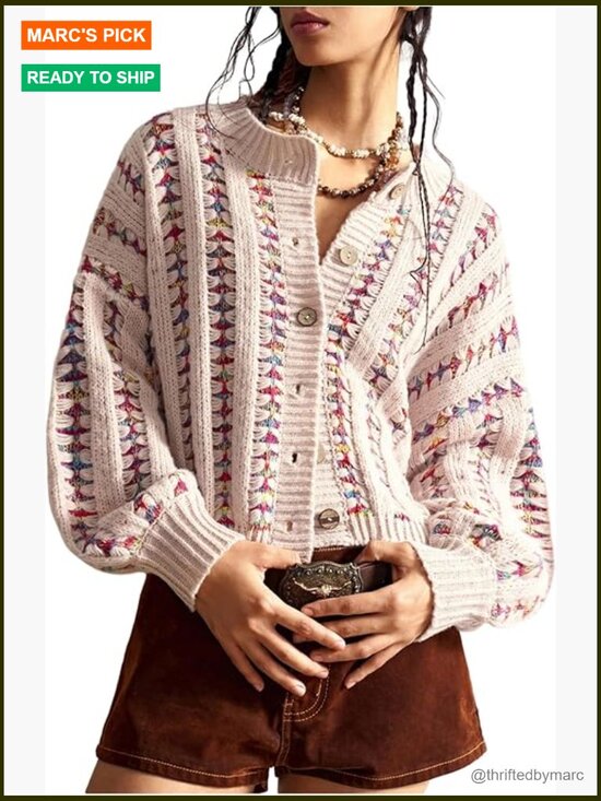 Sweaters - Cropped Boho Cardigan Long Sleeve Button Up Sweater Jacket